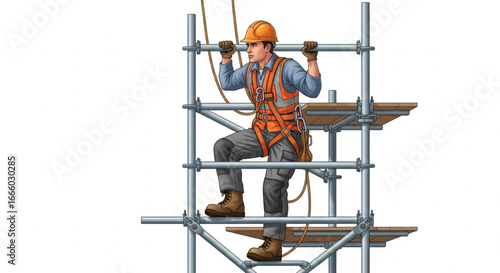 Construction worker ascending a metal scaffolding structure, wearing safety gear.