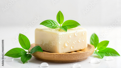 Wallpaper Mural White handmade soap on wooden tray with green leaves Torontodigital.ca