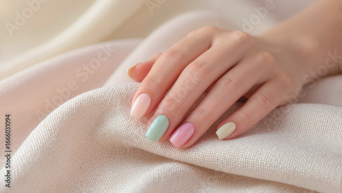 Wallpaper Mural Hand with mint and nude pastel nails on soft fabric background Torontodigital.ca
