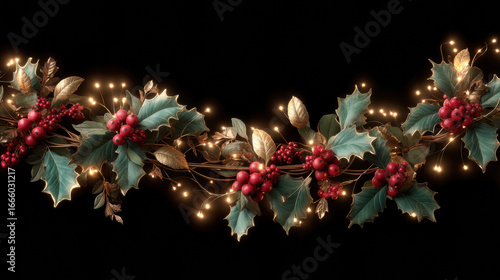 Festive garland with holly leaves, red berries, and glowing lights on black background