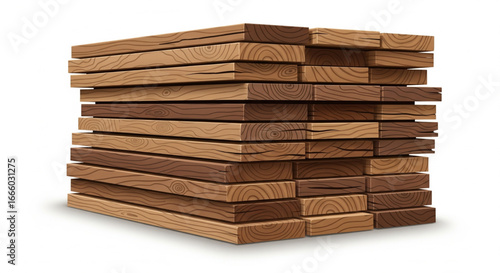 Stack of rectangular wooden planks, showcasing varying shades and textures, neatly arranged on a white surface.