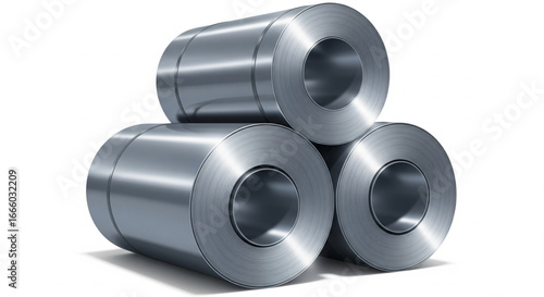 Three shiny metal coils or rolls stacked on top of each other, casting soft shadows on a white surface.