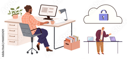 Man working at desk with computer, while cloud with lock and presenter with laptops emphasize secure online data use. Ideal for technology, security, cloud storage, work, cybersecurity, business