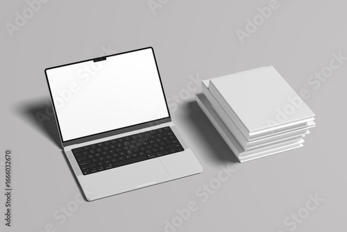
laptops from different angles isolated on white background. Realistic Laptop silver color mockup with blank screen display, with Blank portrait A4, US-Letter, brochure magazine isolated on gray backg
