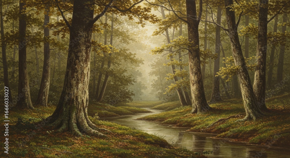Fototapeta premium Sunbeams pierce through the misty forest canopy, illuminating a dewy path. Ai generate, Ai generative