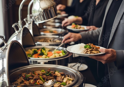 Guests serving themselves diverse dishes from a professional buffet.