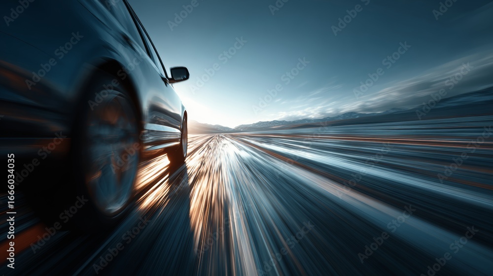 Obraz premium Luxury car driving fast along coastal highway, dynamic perspective, wide ocean view, motion blur, dramatic natural lighting, cinematic powerful composition