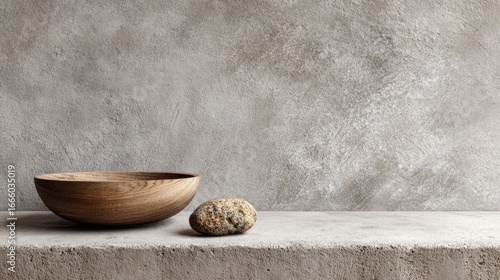 Wooden bowl and small stone resting on a textured concrete surface against a grey wall