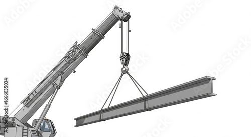 Crane lifting a steel I-beam, construction equipment in action against a white background.