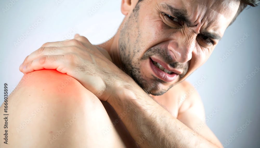 Obraz premium Man Experiencing Shoulder Pain, Grimacing with Red Highlight on Affected Area