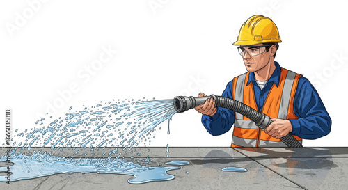 A construction worker wearing safety gear sprays water from a hose onto a concrete surface.