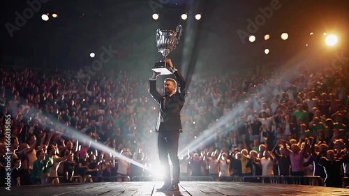 A Triumph Celebrated: A Champion Raises the Trophy Amidst a Roaring Crowd, Illuminated by Spectacular Lights in a Moment of Glory