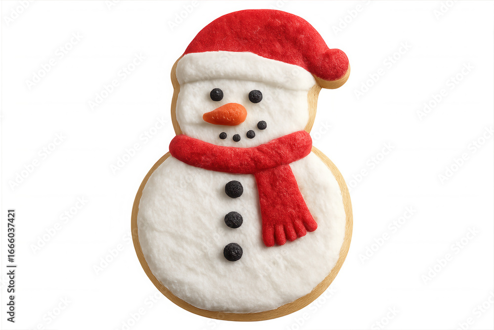 Fototapeta premium Delicious snowman shaped christmas cookie wearing a santa hat and red scarf, isolated on transparent background