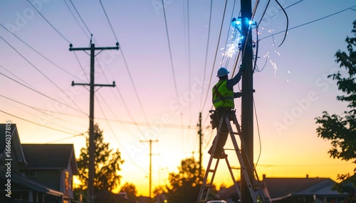 Lineman Working on Power Lines at Sunset in Residential Area