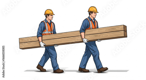 Two construction workers cooperatively carry a long, heavy wooden beam.