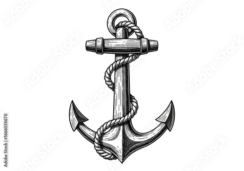 Vintage nautical anchor with thick rope, a classic maritime symbol of stability and strength, perfect for marine themes and seafaring adventures.