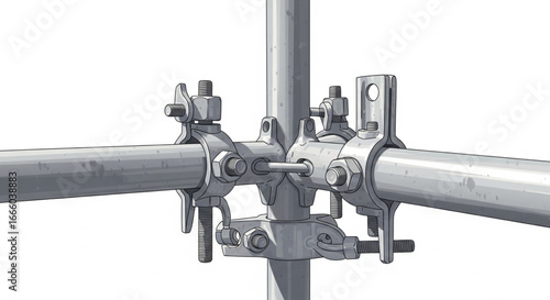 Close-up illustration of metal scaffolding connectors, showing various joints and fasteners.
