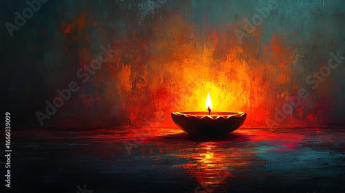 Diya Candle with Fiery Orange and Teal Abstract Background oil lamp light