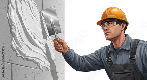 A construction worker meticulously applies plaster to a grey brick wall using a trowel.