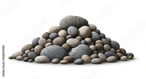 A pile of smooth, rounded stones of various sizes and colors, isolated on white.