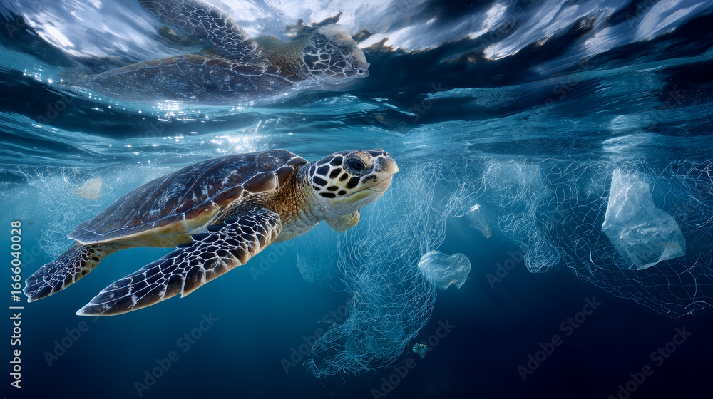 Fototapeta premium Plastic pollution of the ocean. Turtles eat plastic bags. Ecological problem, plastic trash. Say no to plastic. Single-use plastic waste