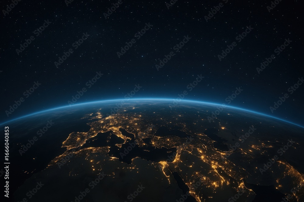 Naklejka premium Earth at night from space showing city lights and atmosphere glow illustration