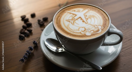 Cappuccino with airplane latte art on a rustic wooden table with coffee beans.