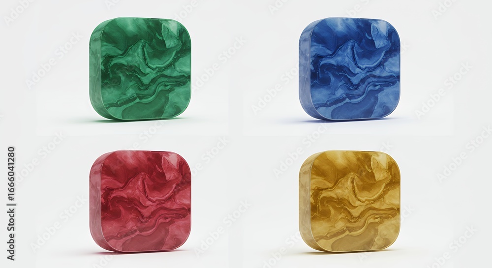 Fototapeta premium Four colorful square objects with marbled patterns