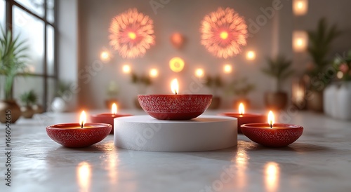 Illuminated Diwali diyas on a table with festive bokeh lights in the background oil lamp