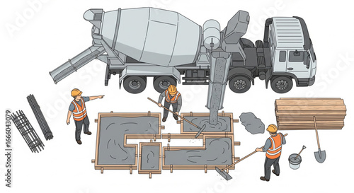 Construction workers pouring concrete into a foundation, surrounded by tools and equipment.