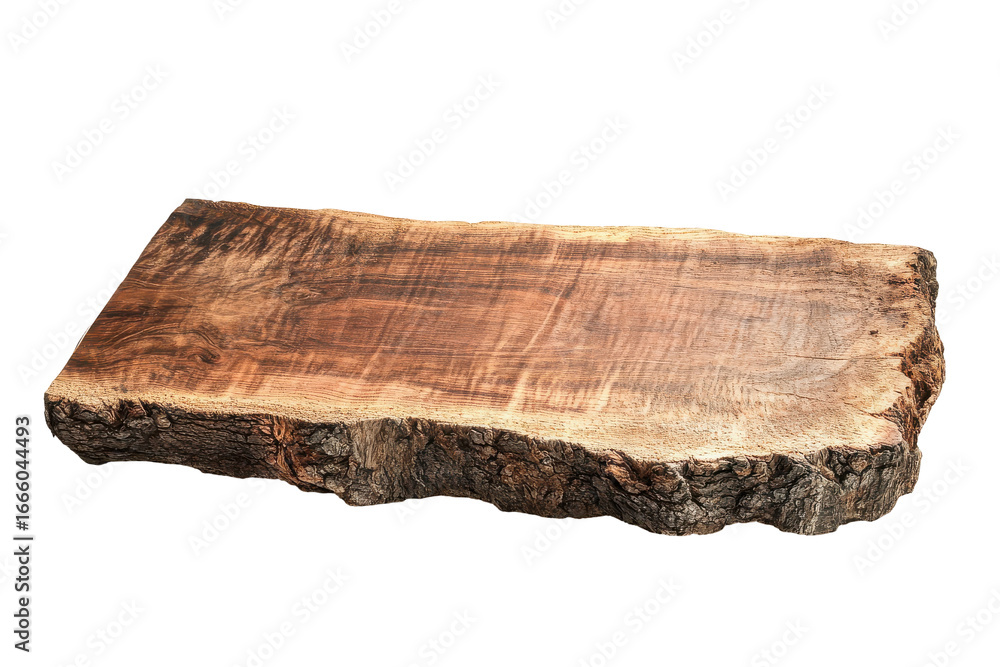 Fototapeta premium Single piece of firewood with bark isolated on transparent background. Rectangular wooden slab with bark edges highlighting natural wood grain and texture isolated on white background.