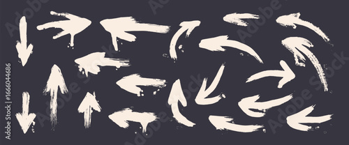 Arrows white brush drawn set. Spray graffiti paint straight and curved point elements isolated on dark background. Grunge hand drawn textured navigation. Urban street turn sign. Vector illustration.