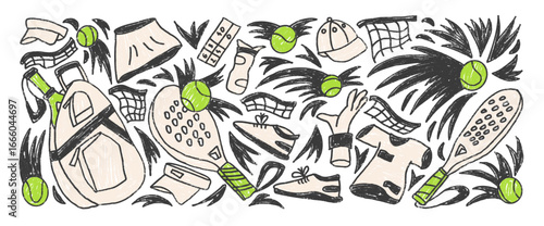 Padel crayon drawn set. Paddle tennis racket, balls, sport shoes hand drawn doodle isolated. Scribble sport equipment elements. Net, visors, dynamic shots. Vector fitness hobby illustration by pencil.