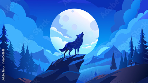 Wolf howls at full moon, blue nature landscape glows, vector illustration breathes serenity, silhouette rising strong, wilderness whispers eternity, primal energy radiates power beneath glowing horizo