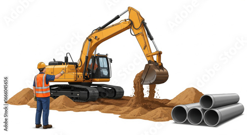 An excavator digs into the ground, while a worker oversees the operation near a stack of pipes.