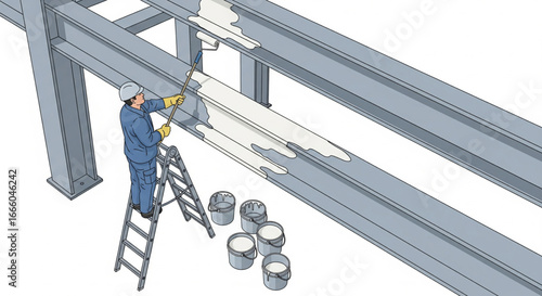 Worker applying protective coating to large steel beams using a long-handled brush from a ladder.