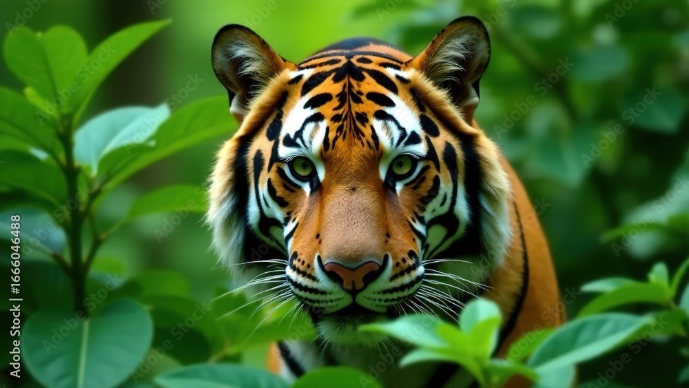 Fototapeta premium Close-up of Bengal tiger staring through lush green foliage, intense gaze and detailed fur, wild nature and jungle scene background 4K