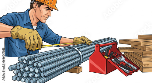 Construction worker meticulously measures rebar for a building project, tools and lumber nearby.