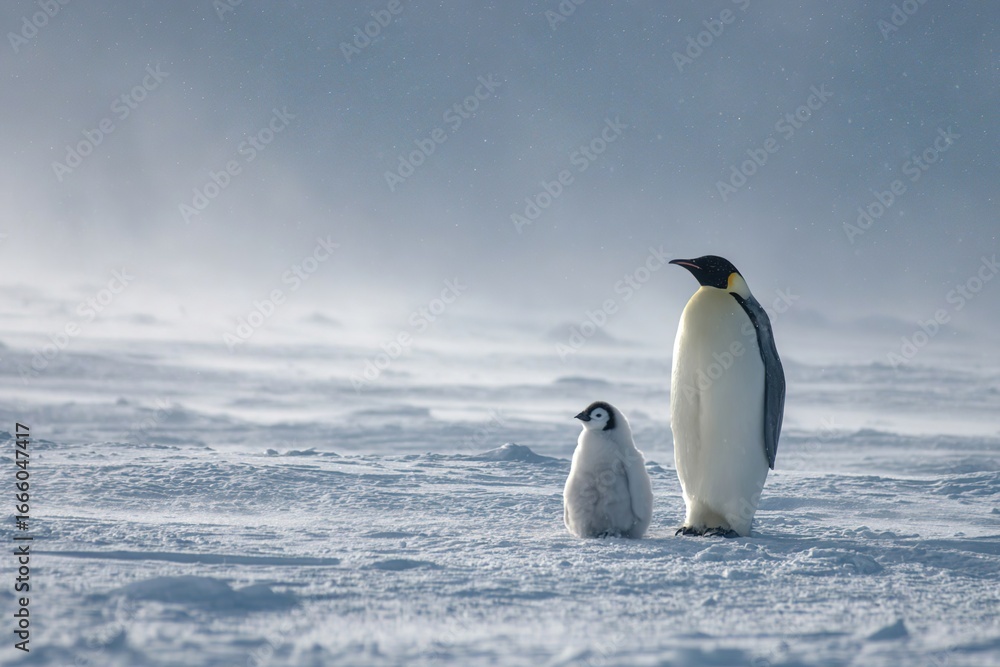 Fototapeta premium An adult emperor penguin stands beside a fluffy chick on a snowy landscape. The scene captures the cold, icy environment of Antarctica.