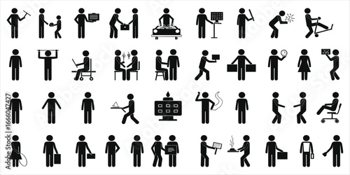 Extensive collection of black and white stick figure icons depicting various activities people woman
