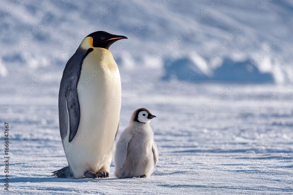 Naklejka premium An adult emperor penguin stands beside a fluffy chick on a snowy landscape. The scene captures the bond between parent and offspring in a cold environment.