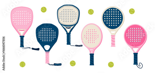 Padel tennis rackets and balls set. Sport emblems or club elements. Recreation and active hobby accessories collection. Vector illustration isolated on white background.