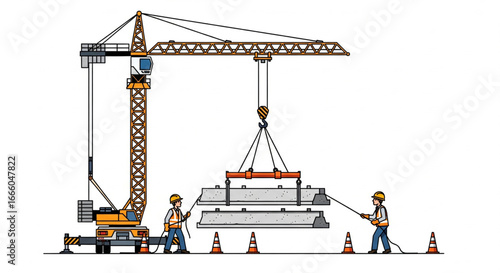 Crane lifting concrete beams, guided by two workers wearing hard hats, with safety cones placed in a row.