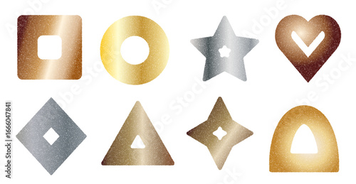 Metal colors geometric shapes set. Grainy noise textured frame elements. Triangle, square and heart silver and golden icons. Vector grunge stickers. Bronze and gold colors collage figures with hole.