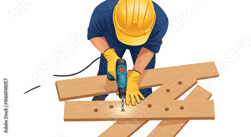 A worker in safety gear drills holes in wooden planks.