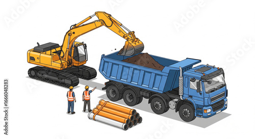 Excavator loading soil into a dump truck at a construction site, with workers overseeing pipes.
