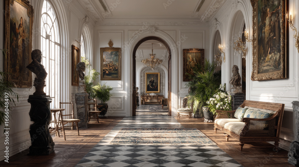 Obraz premium Palace hallway with classical paintings and sculptures