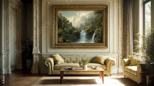 Elegant living room with framed waterfall painting