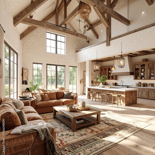 A spacious, light-filled living area with a rustic-chic kitchen seamlessly integrated into an open-concept design.
