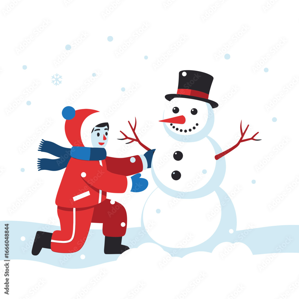 Obraz premium A child in a red snowsuit and blue scarf kneels to build a snowman with a black top hat and carrot nose in a snowy landscape.
